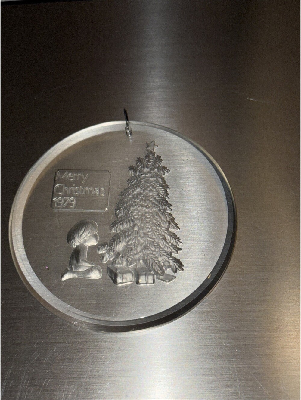 Vintage Merry Christmas 1979 Christmas Ornament Boy by Tree Acrylic Clear